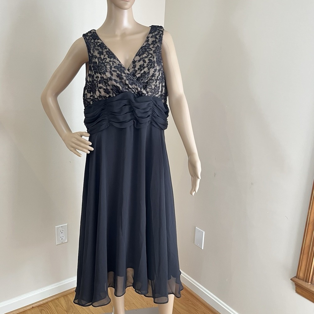 Studio 1940 Midi Dress Womens 16 Black Lace Beaded Ruched Cocktail Evening Party